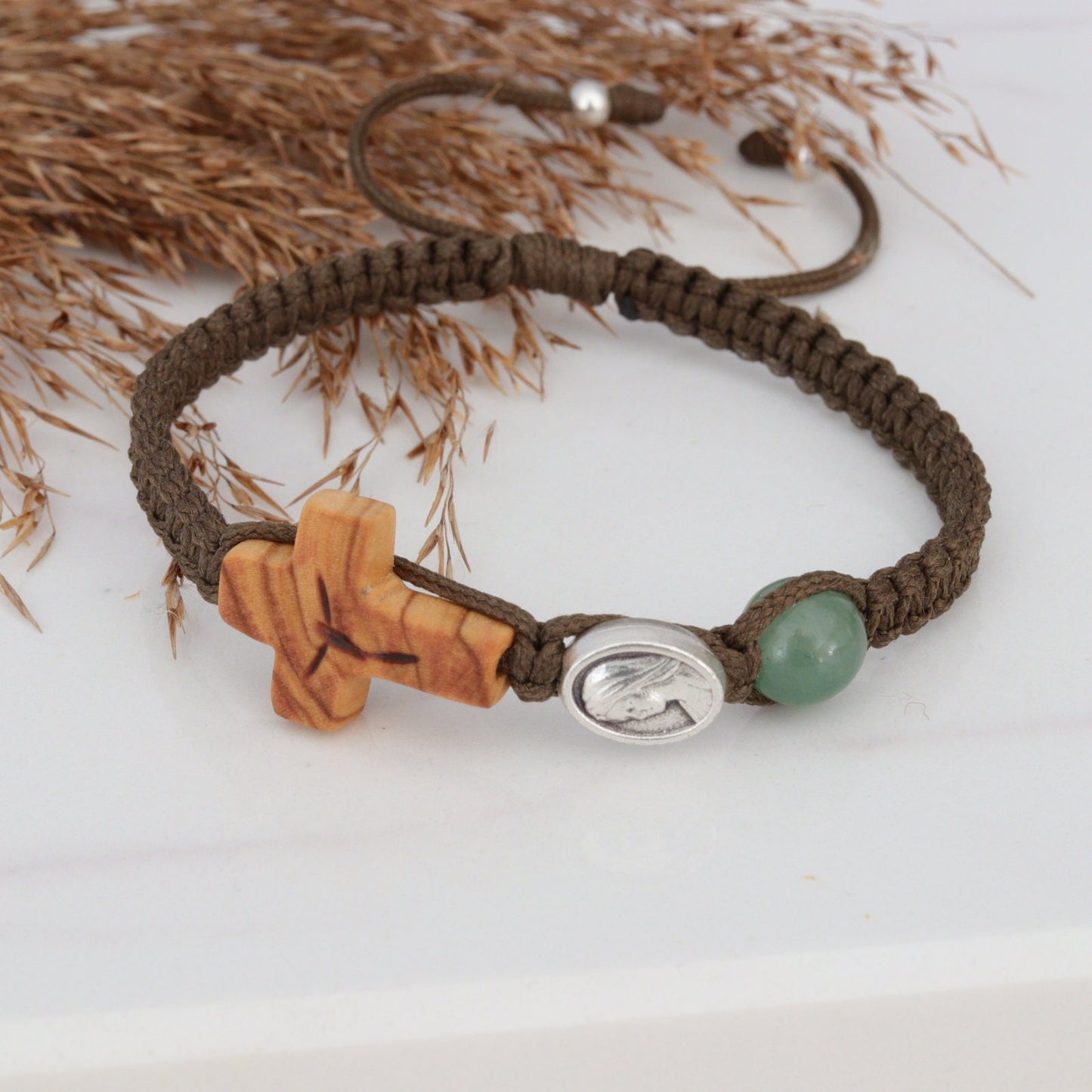 Pulsera cruzada, pulsera cruzada de madera de olivo tejida a mano, pulsera verde militar, pulsera tejida Nuestra Señora, pulsera cruzada con Virgen María