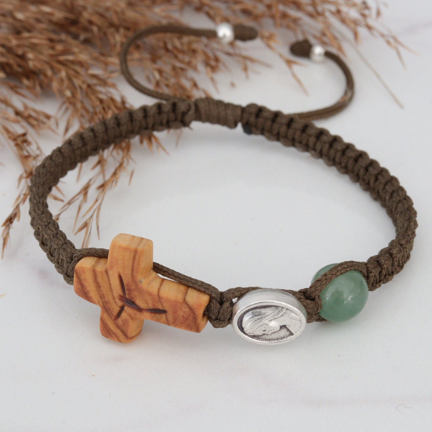 Pulsera cruzada, pulsera cruzada de madera de olivo tejida a mano, pulsera verde militar, pulsera tejida Nuestra Señora, pulsera cruzada con Virgen María
