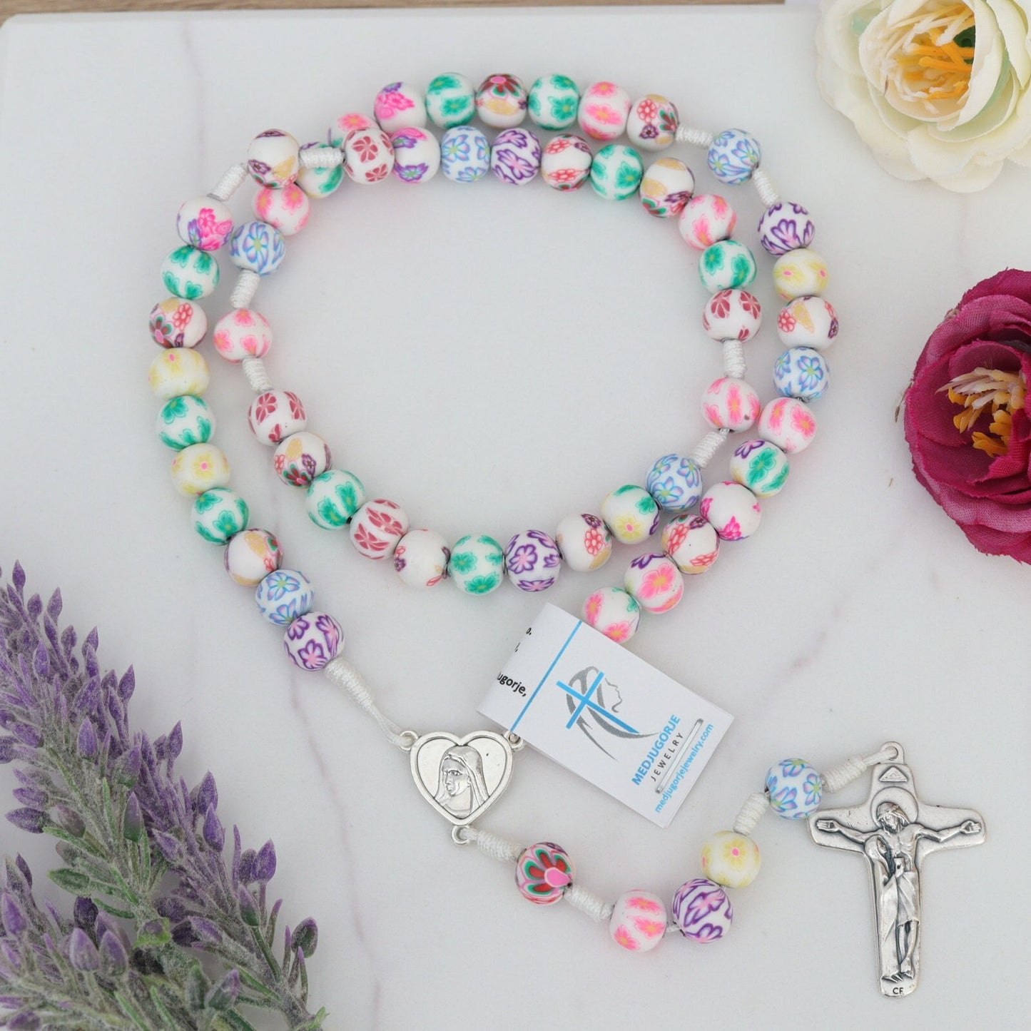 Cuentas de rosario Fimo de Medjugorje, rosario fimo hecho a mano con flores, rosario multicolor, rosario de arcilla fimo, cuentas de rosario con flores