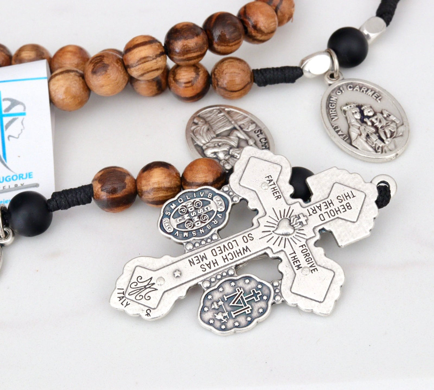 Rosenkranz aus Holz, handgefertigter Rosenkranz, Vergebungskruzifix mit Benedikt- und Wundermedaille, personalisierter Rosenkranz aus Holz, katholische Rosenkranzperlen