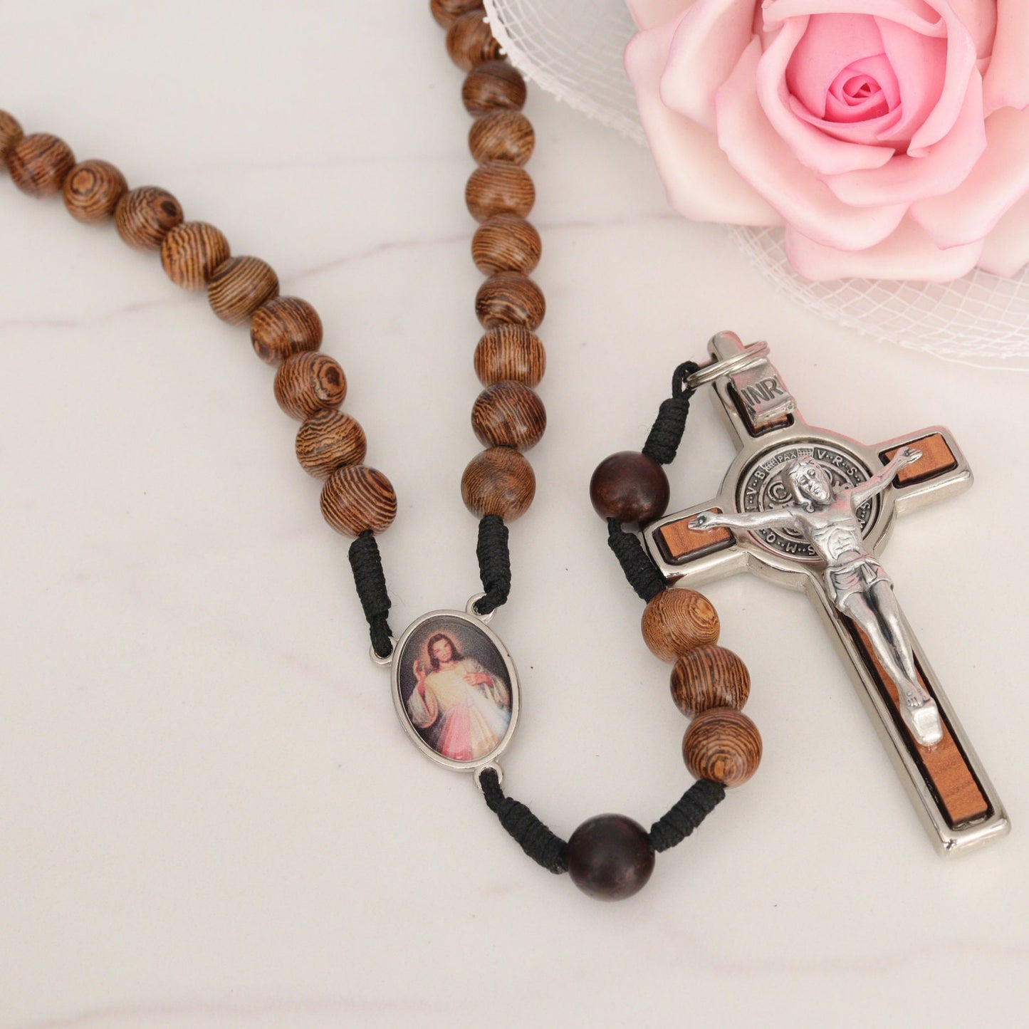 Rosario cruz de San Benito, rosario de madera hecho a mano, rosario de Medjugorje, rosario tejido, rosario para hombre, cruz de madera de olivo, rosario católico