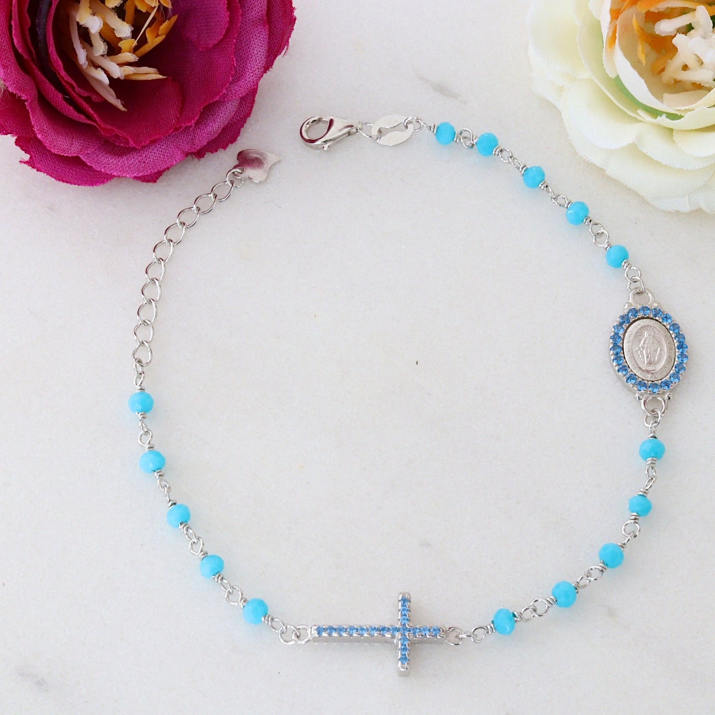 Pulsera de cuentas de rosario turquesa para mujer, pulsera de rosario de plata de ley, pulsera de rosario Medalla Milagrosa, pulsera de cuentas de rosario delicado