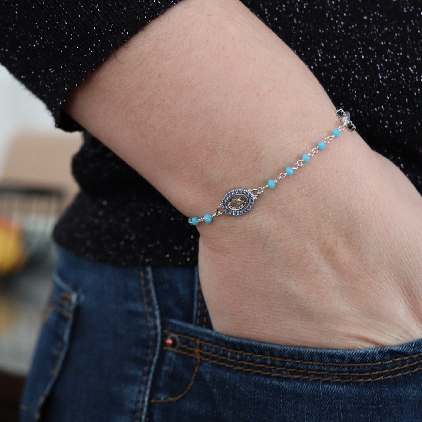 Pulsera de cuentas de rosario turquesa para mujer, pulsera de rosario de plata de ley, pulsera de rosario Medalla Milagrosa, pulsera de cuentas de rosario delicado
