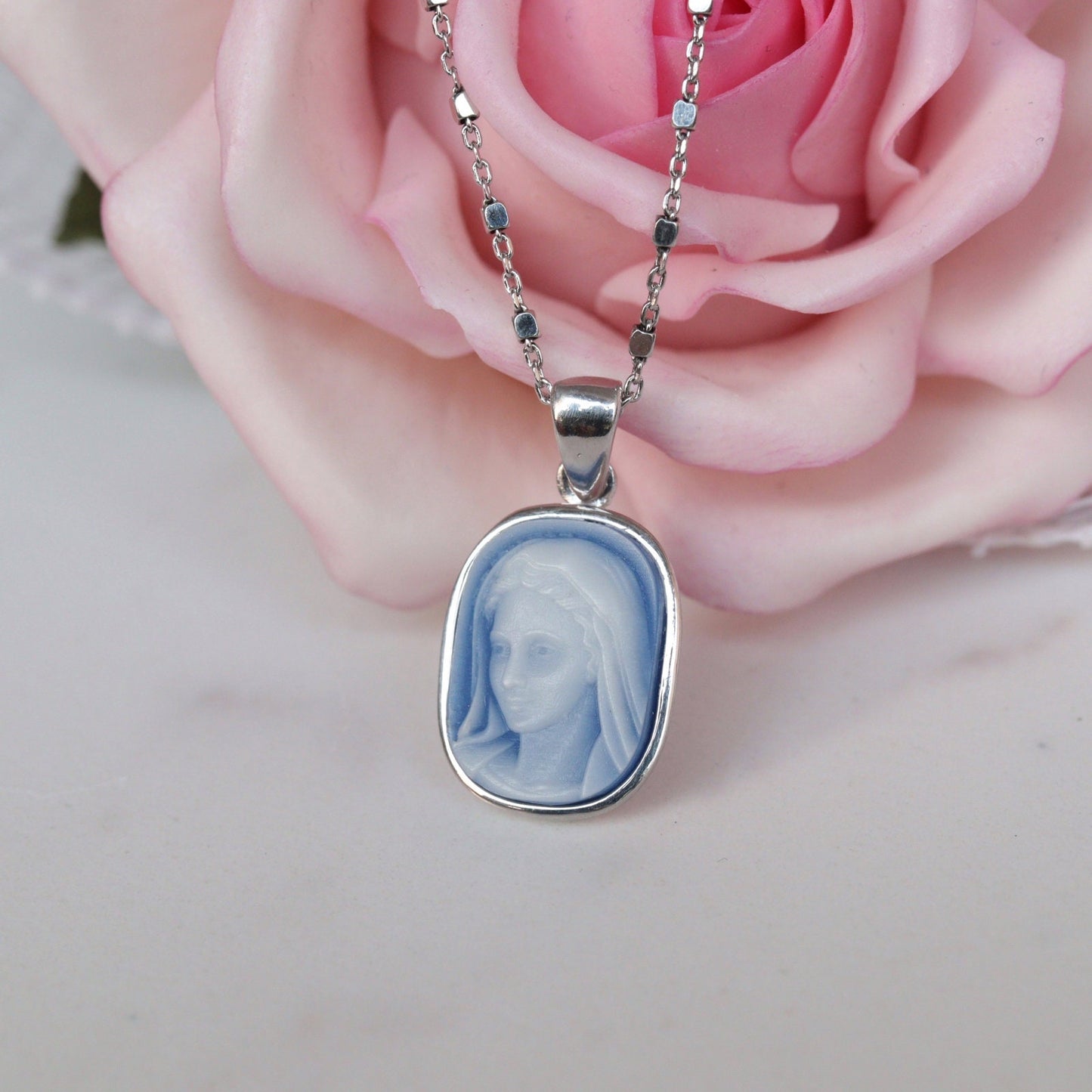 Medjugorje cameo medal of Our Lady Virgin Mary, sterling silver Medjugorje cameo necklace, blue agate Virgin Mary of Medjugorje pendant