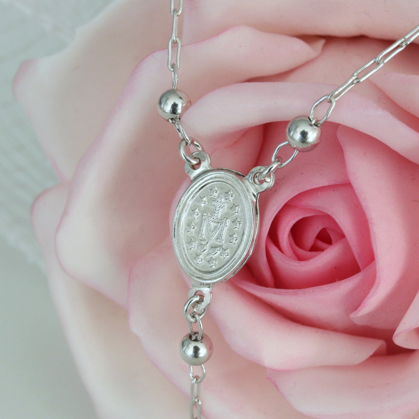 Rosario de plata, collar rosario, collar para mujer, collar plata de ley 925, collar con Medalla Milagrosa, collar rosario delicado
