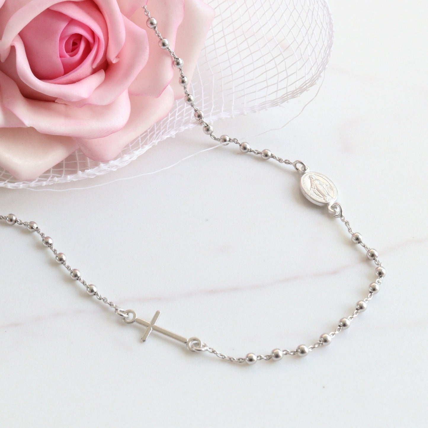 Collar de cuentas de rosario para mujer collar de rosario de plata, collar de medalla milagrosa, collar de 18 pulgadas, collar de cuentas de la Virgen María
