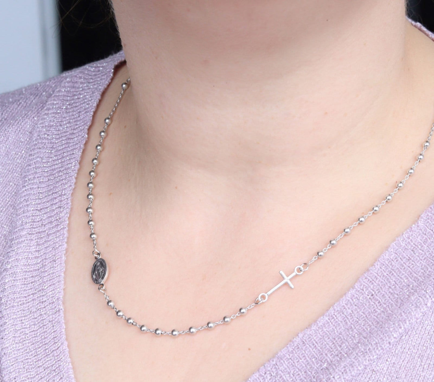Collar de rosario para mujer, rosario de plata de ley 925 de 19 pulgadas, collar minimalista, collar de cruz de Medalla Milagrosa, collar católico delicado