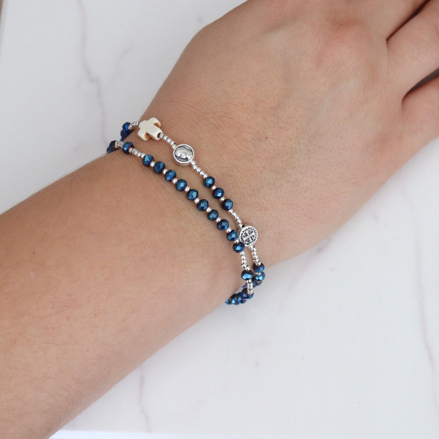 Pulsera de rosario completo, pulsera de rosario de San Benito, pulsera de cuentas de rosario completo ajustable, pulsera con medalla de Nuestra Señora y San Benito
