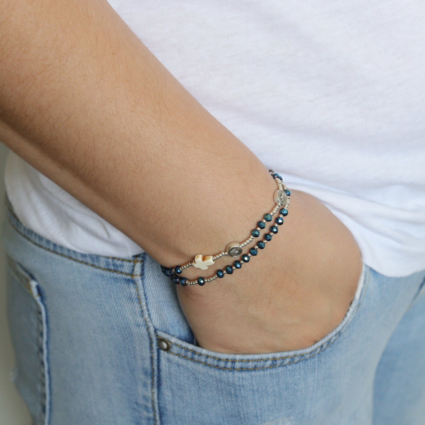 Pulsera de rosario completo, pulsera de rosario de San Benito, pulsera de cuentas de rosario completo ajustable, pulsera con medalla de Nuestra Señora y San Benito