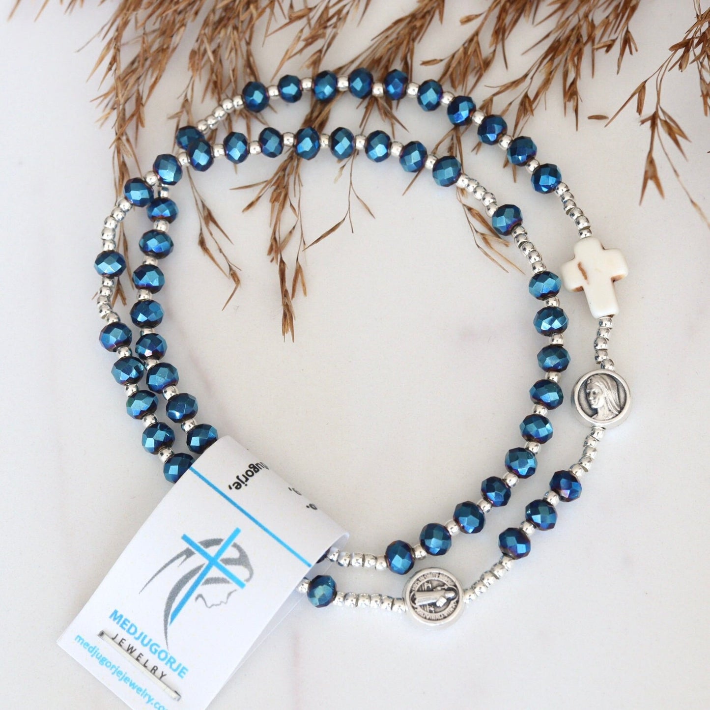 Pulsera de rosario completo, pulsera de rosario de San Benito, pulsera de cuentas de rosario completo ajustable, pulsera con medalla de Nuestra Señora y San Benito