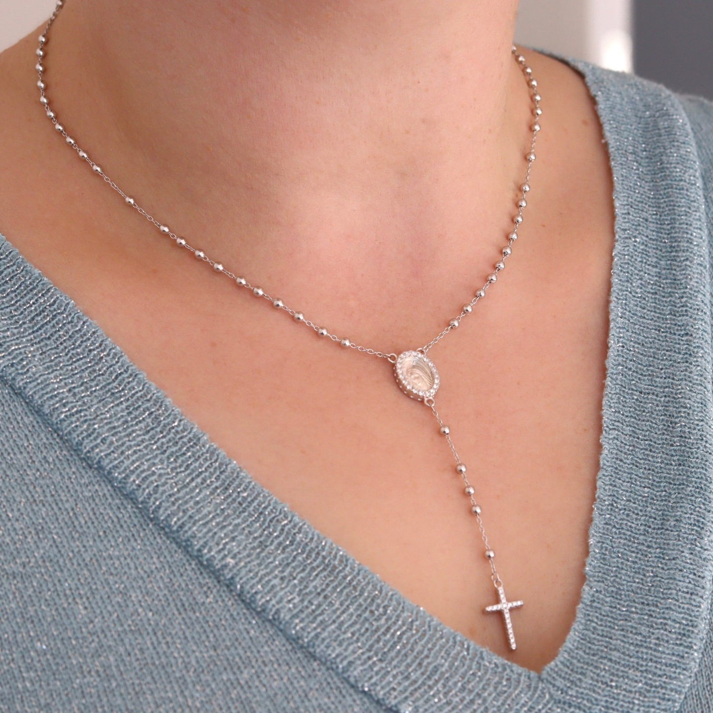 Collar de rosario Medjugorje para mujer, collar de rosario de plata de ley con medalla de Medjugorje, delicado collar de cuentas de rosario con circonita cúbica
