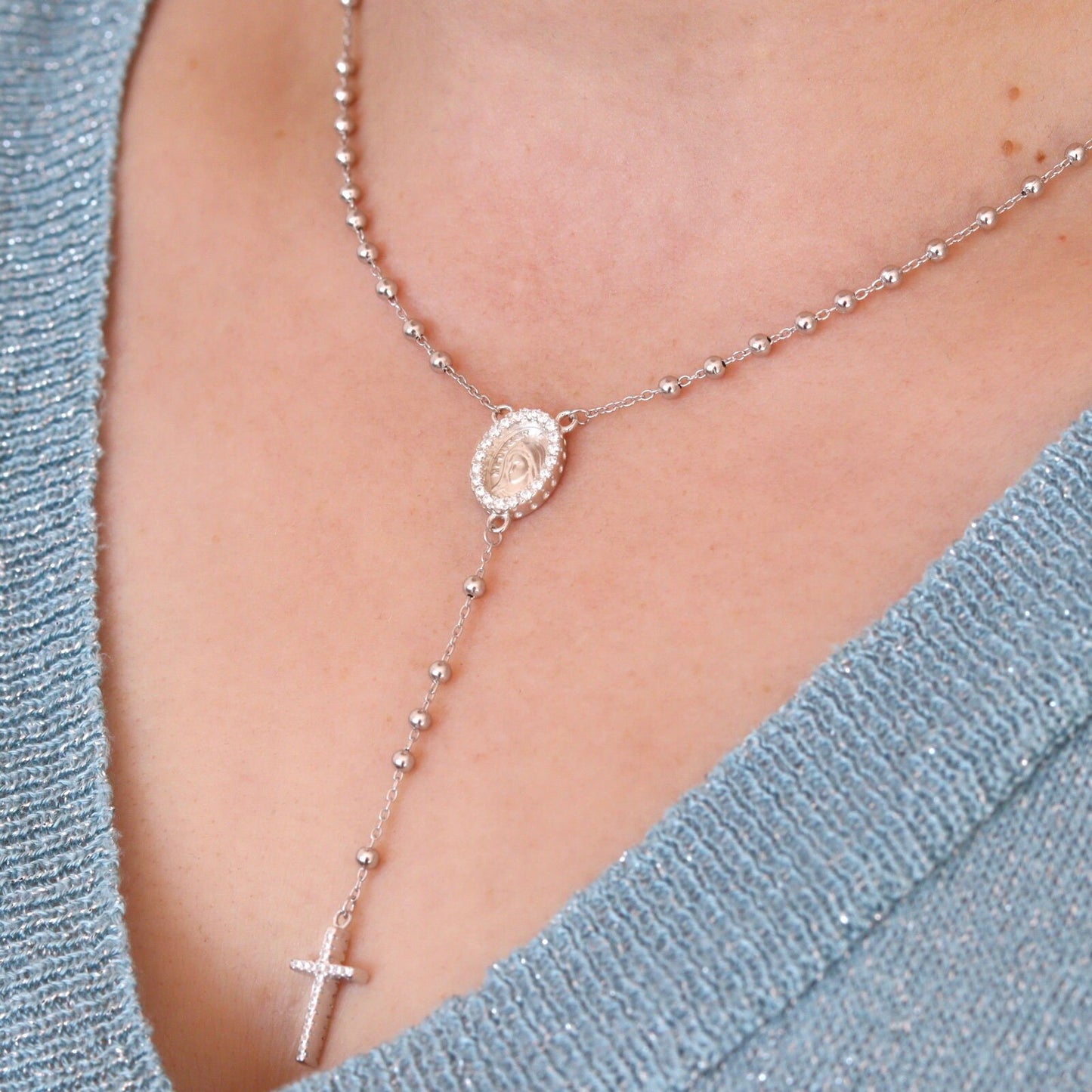 Collar de rosario Medjugorje para mujer, collar de rosario de plata de ley con medalla de Medjugorje, delicado collar de cuentas de rosario con circonita cúbica