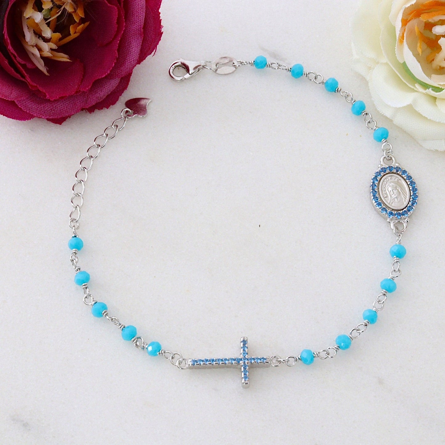 Pulsera de cuentas de rosario turquesa para mujer, pulsera de rosario de plata de ley, pulsera de rosario Medalla Milagrosa, pulsera de cuentas de rosario delicado