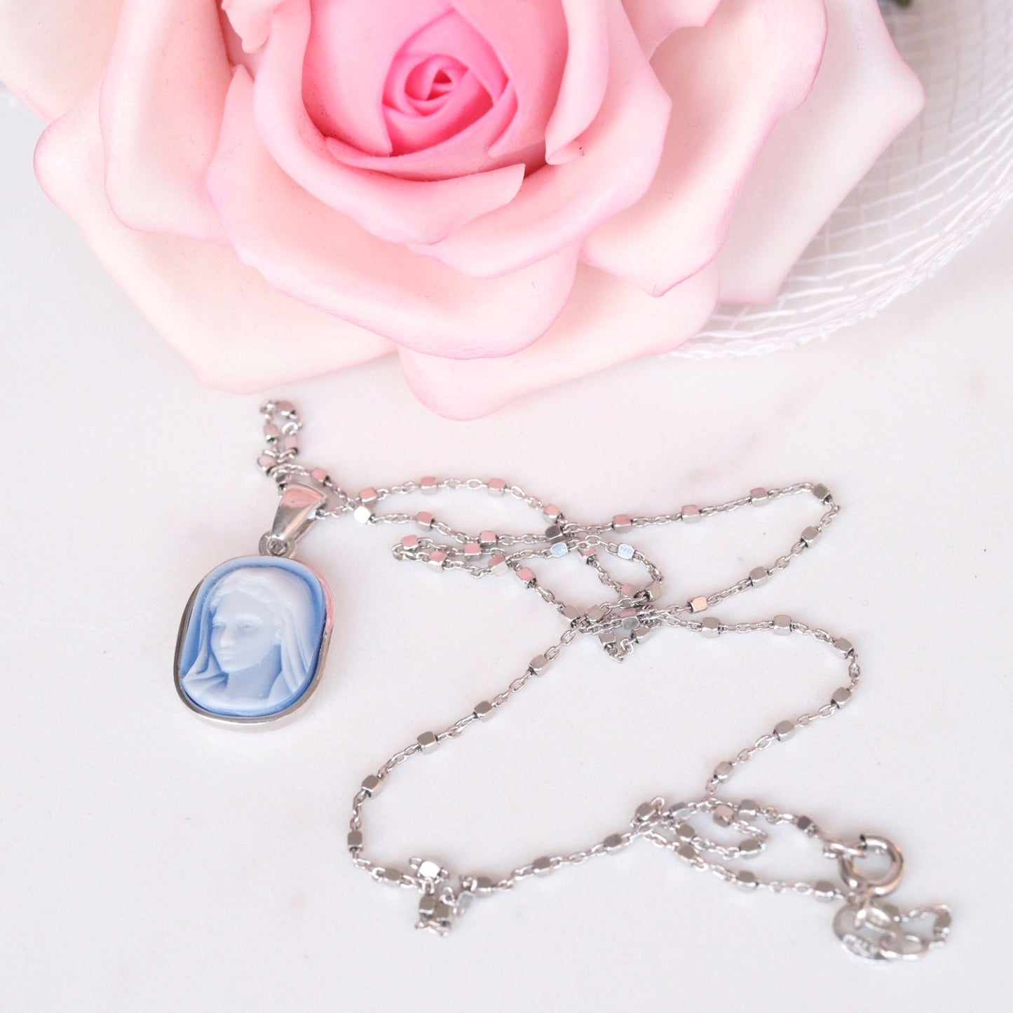 Medjugorje cameo medal of Our Lady Virgin Mary, sterling silver Medjugorje cameo necklace, blue agate Virgin Mary of Medjugorje pendant