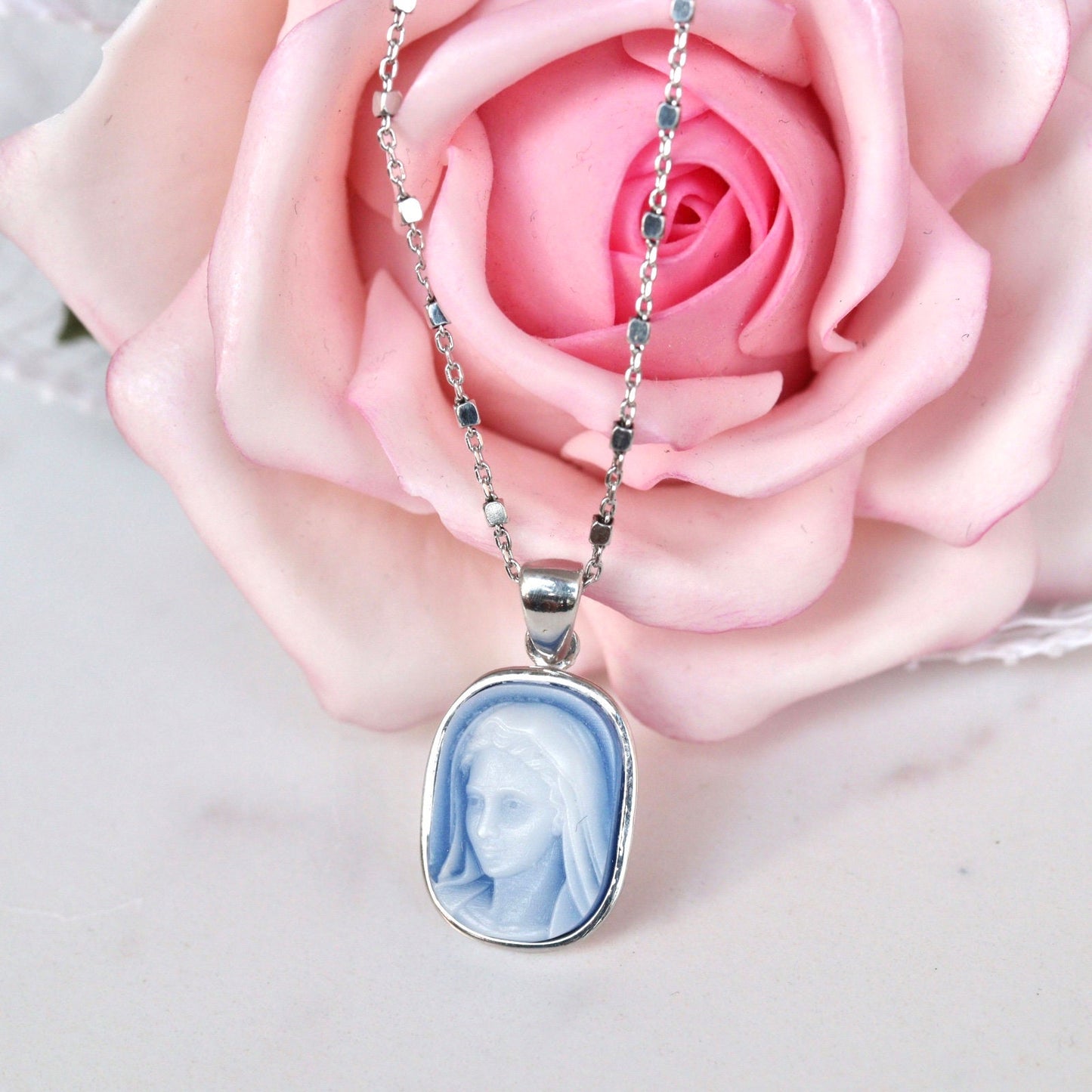 Medjugorje cameo medal of Our Lady Virgin Mary, sterling silver Medjugorje cameo necklace, blue agate Virgin Mary of Medjugorje pendant