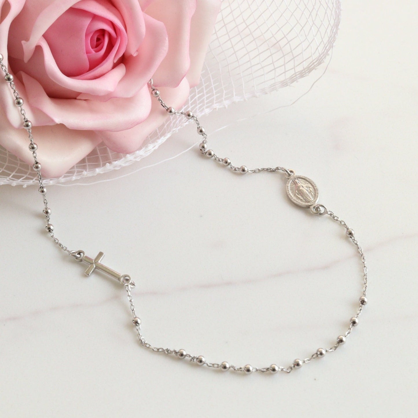 Collar de rosario para mujer, collar de cuentas de rosario de Nuestra Señora de 18 pulgadas, collar precioso de plata de ley 925 para dama, collar de Nuestra Señora de Gracia