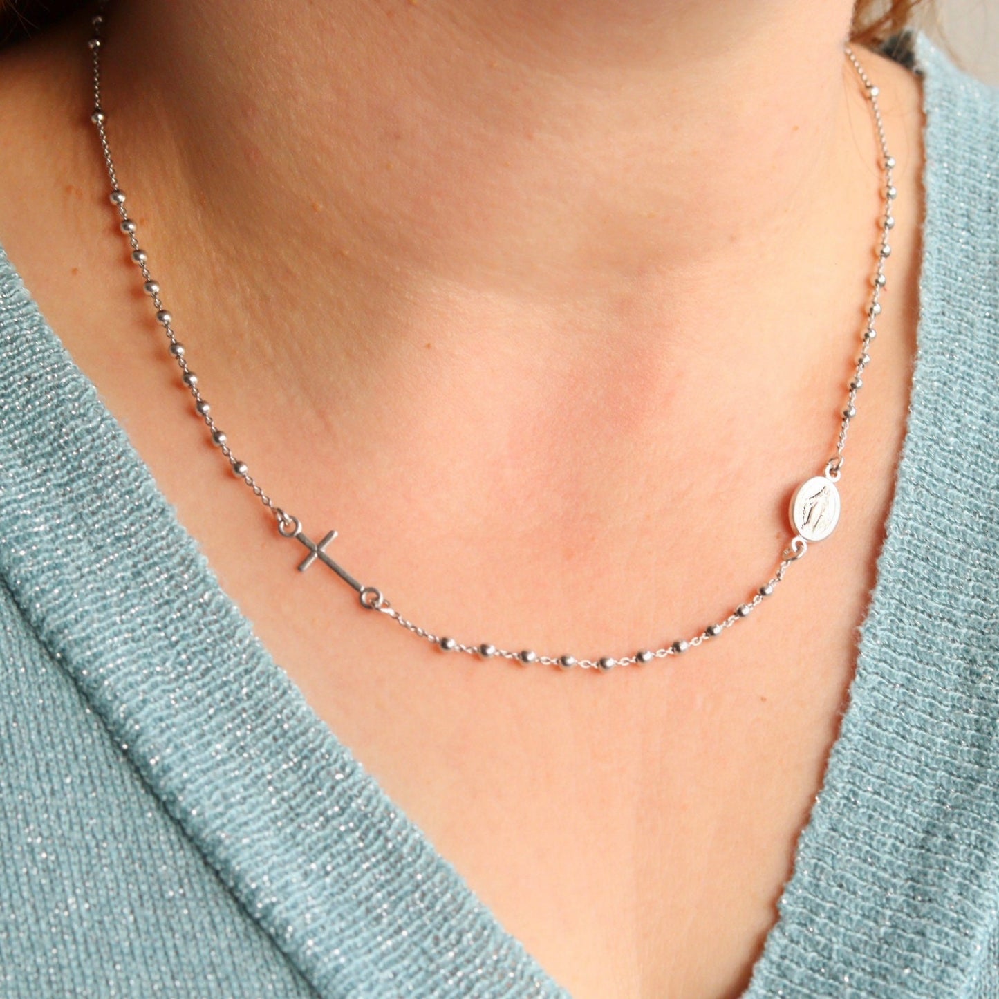 Collar de cuentas de rosario para mujer collar de rosario de plata, collar de medalla milagrosa, collar de 18 pulgadas, collar de cuentas de la Virgen María