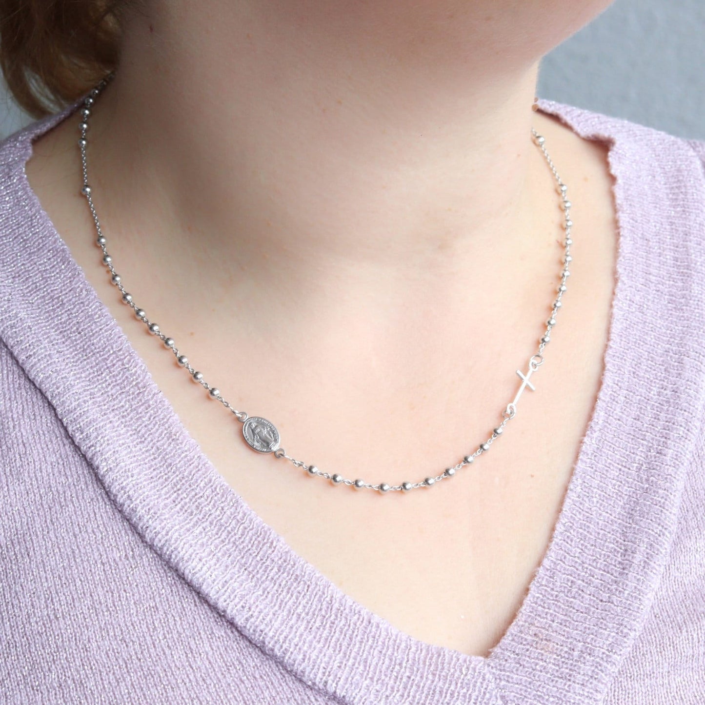 Collar de rosario para mujer, rosario de plata de ley 925 de 19 pulgadas, collar minimalista, collar de cruz de Medalla Milagrosa, collar católico delicado
