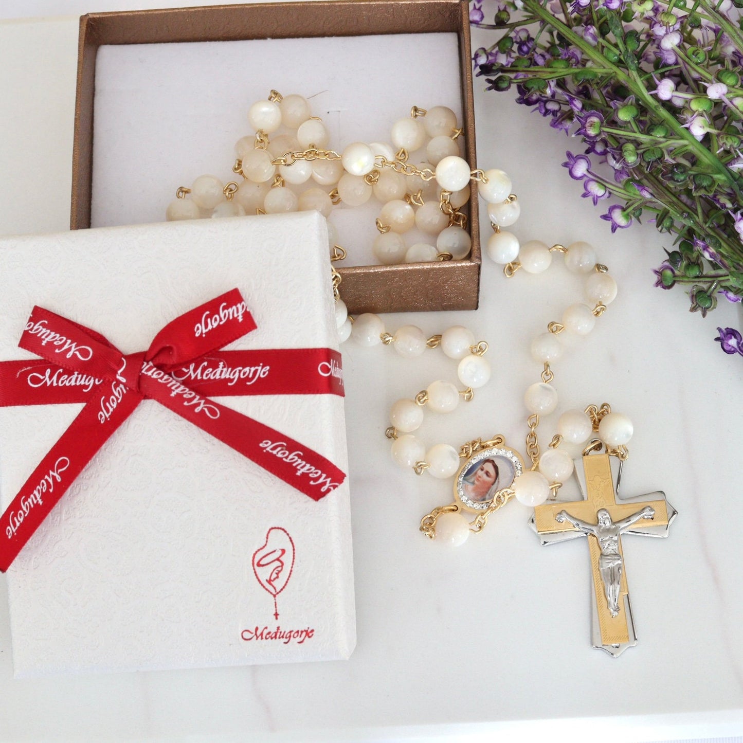 Rosario de nácar, acero inoxidable, rosario lleno de oro, cuentas de rosario católico, regalo para mujeres, rosario precioso, rosario chapado en oro