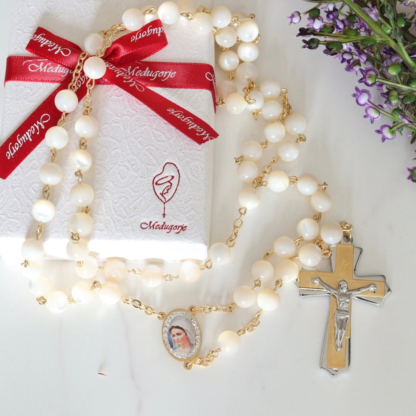 Rosario de nácar, acero inoxidable, rosario lleno de oro, cuentas de rosario católico, regalo para mujeres, rosario precioso, rosario chapado en oro