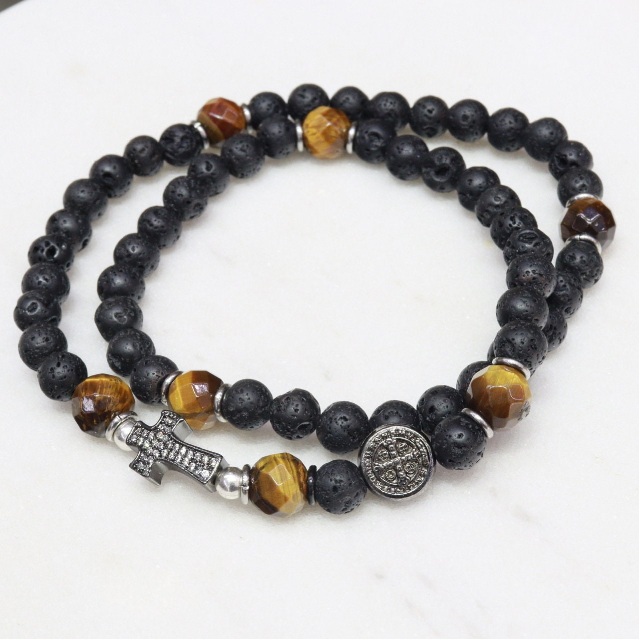 Pulsera de rosario de cinco décadas para hombre, pulsera de rosario entero con piedra de lava, pulsera de cuentas de rosario completo, rosario negro con dos círculos