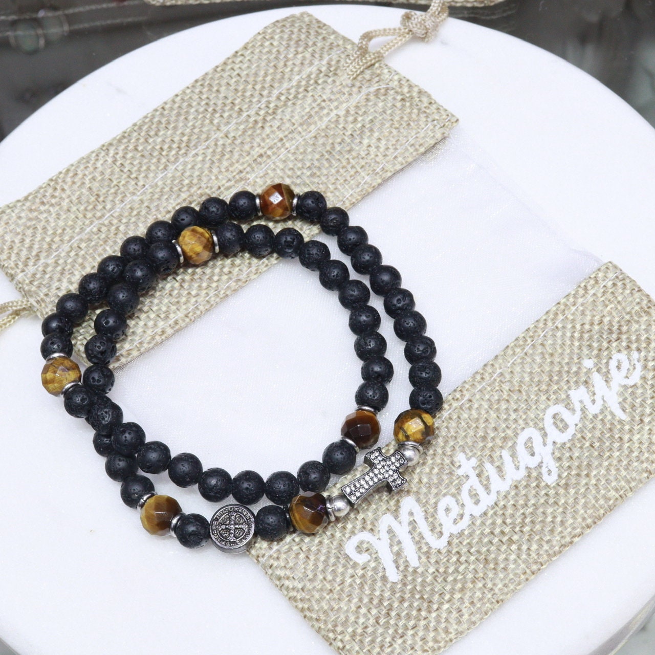 Pulsera de rosario de cinco décadas para hombre, pulsera de rosario entero con piedra de lava, pulsera de cuentas de rosario completo, rosario negro con dos círculos