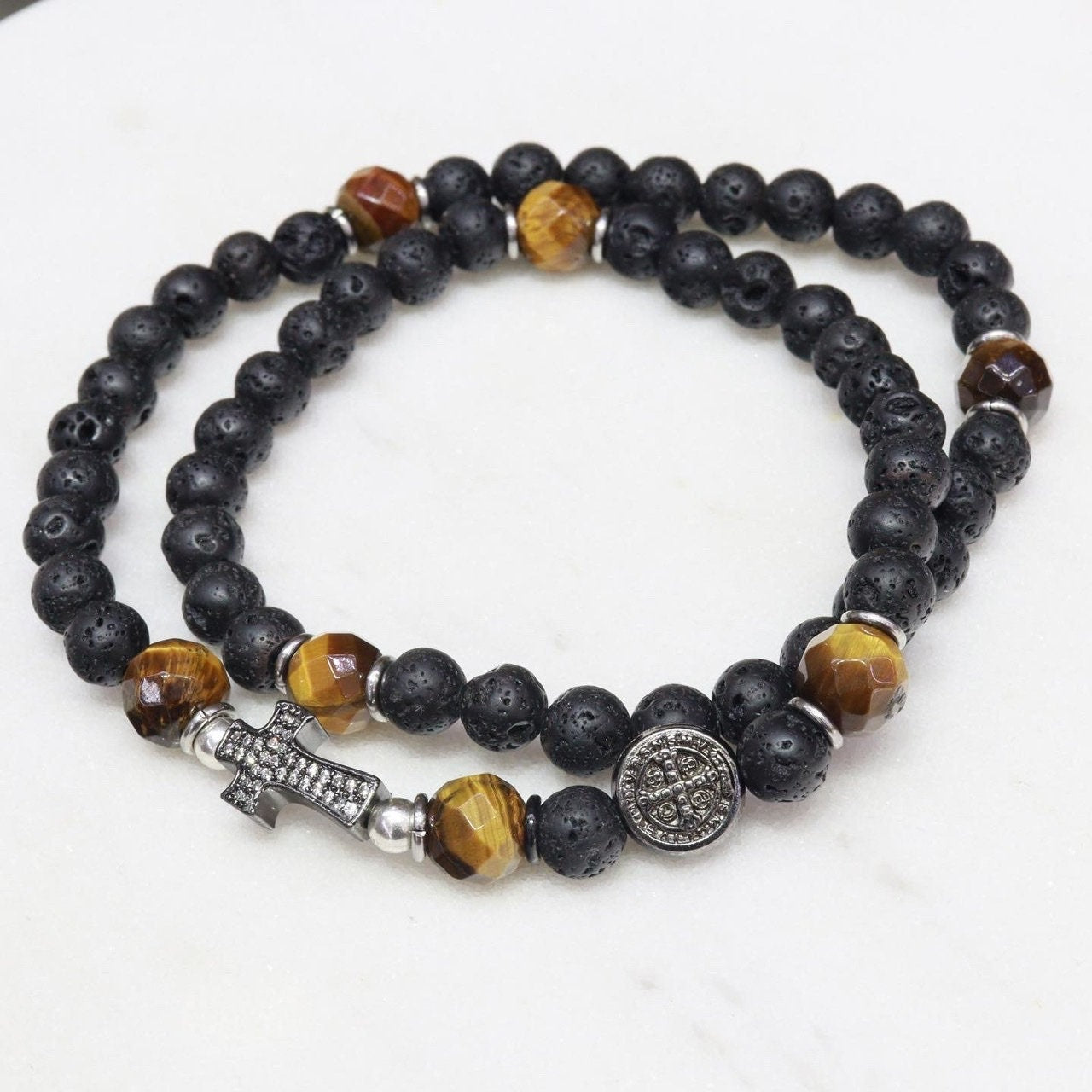 Pulsera de rosario de cinco décadas para hombre, pulsera de rosario entero con piedra de lava, pulsera de cuentas de rosario completo, rosario negro con dos círculos