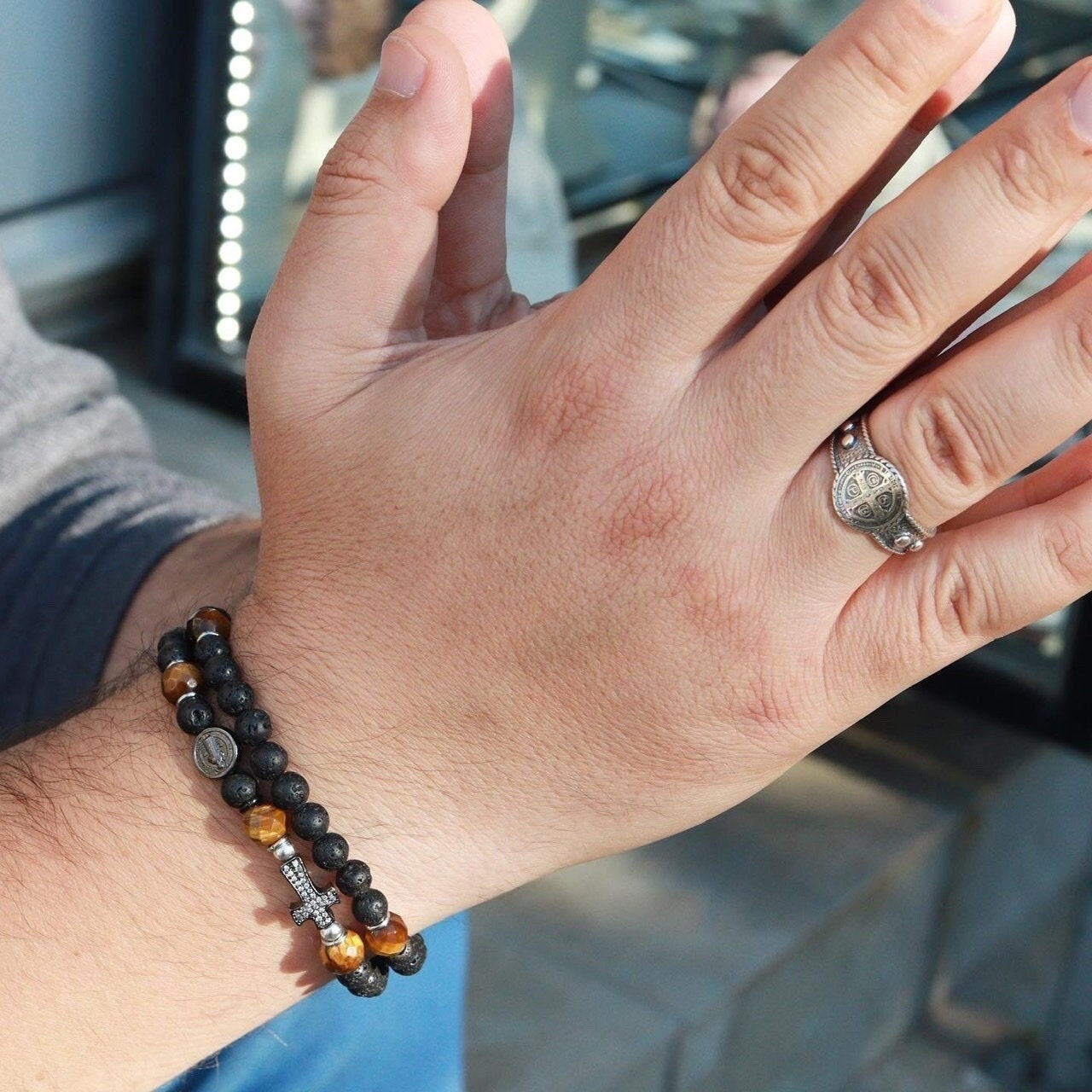 Pulsera de rosario de cinco décadas para hombre, pulsera de rosario entero con piedra de lava, pulsera de cuentas de rosario completo, rosario negro con dos círculos