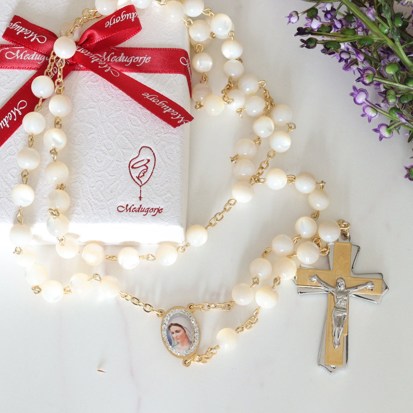 Rosario de nácar, acero inoxidable, rosario lleno de oro, cuentas de rosario católico, regalo para mujeres, rosario precioso, rosario chapado en oro