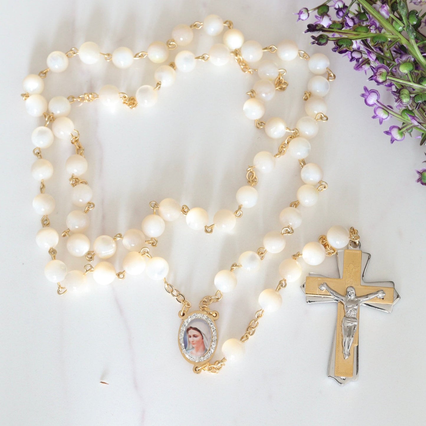Rosario de nácar, acero inoxidable, rosario lleno de oro, cuentas de rosario católico, regalo para mujeres, rosario precioso, rosario chapado en oro