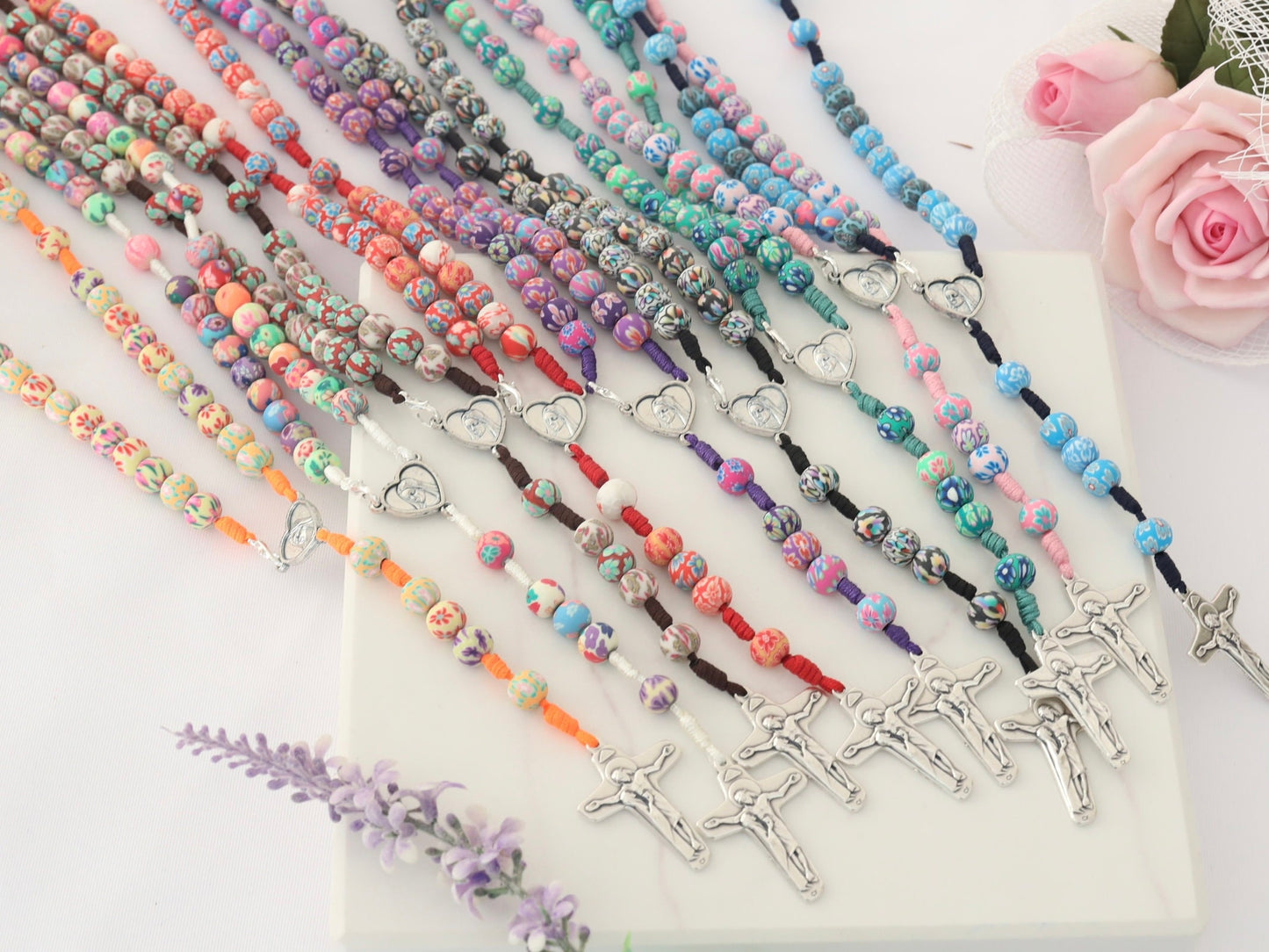 Black fimo rosary beads, fimo clay rosary beds with flowers, Medjugorje rosary whith flowers, had made rosary necklace from Medjugorje,