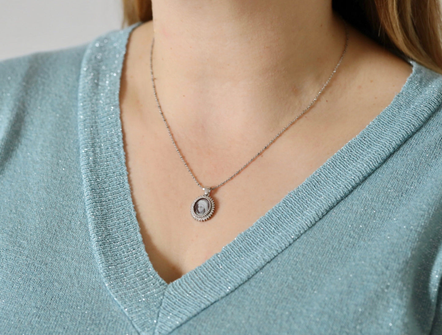 Medjugorje cameo medal, sterling silver 925, Queen of Peace charm, Virgin Mary necklace with stones, cubic zirconium miniature pendant