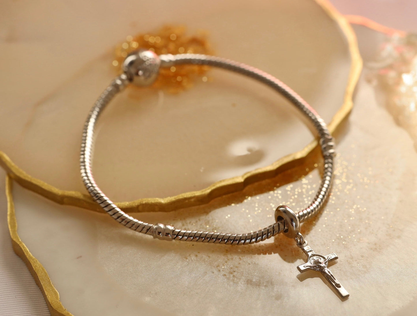 Saint Benedict sterling silver Pandora fits cross, Saint Benedict charm for bracelet, Catholic charm for bracelet Medjugorje bracelet charm