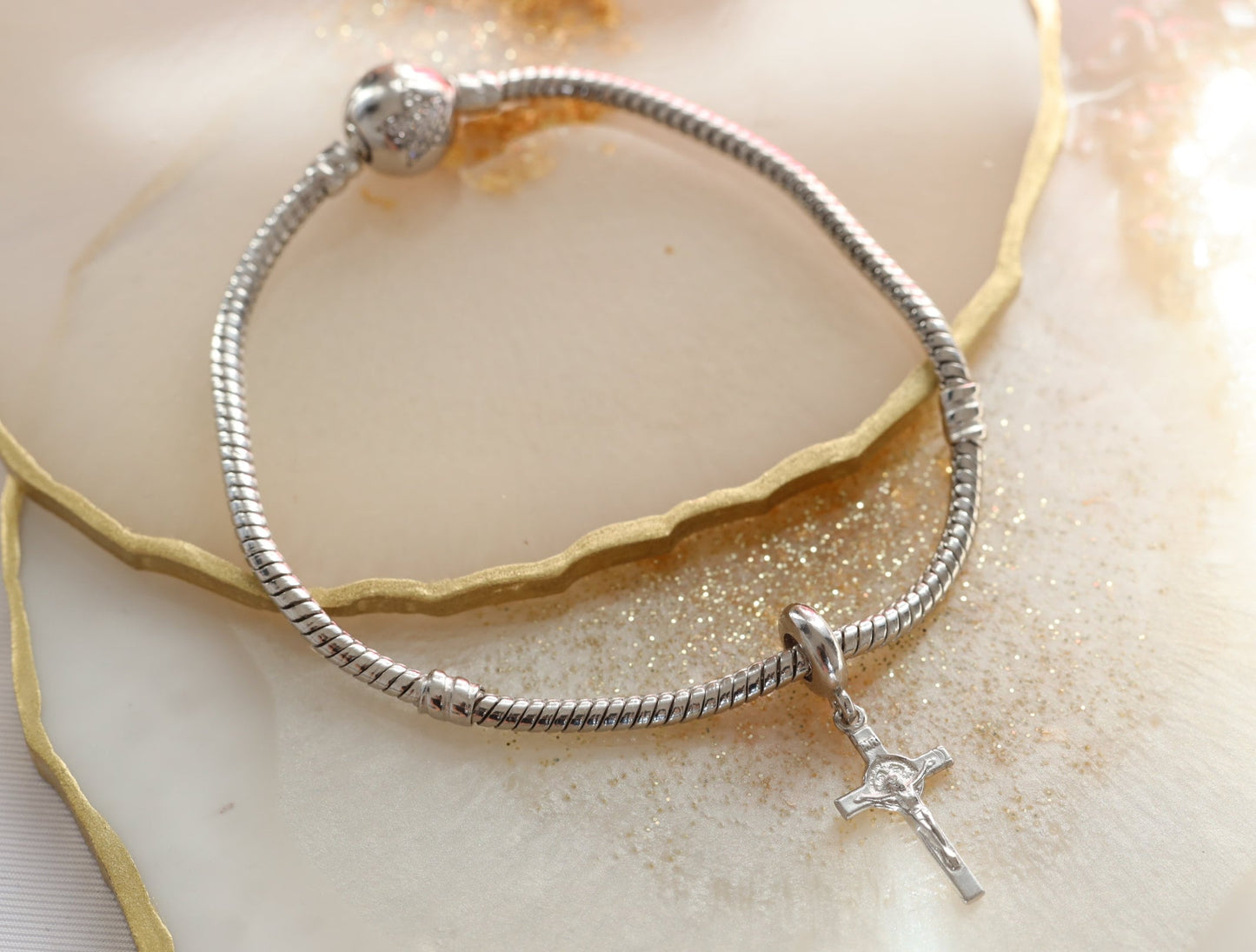 Saint Benedict sterling silver Pandora fits cross, Saint Benedict charm for bracelet, Catholic charm for bracelet Medjugorje bracelet charm