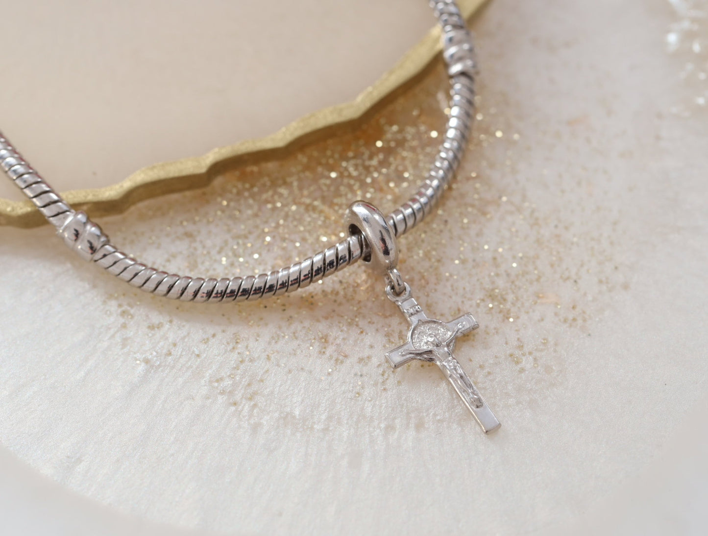 Saint Benedict sterling silver Pandora fits cross, Saint Benedict charm for bracelet, Catholic charm for bracelet Medjugorje bracelet charm
