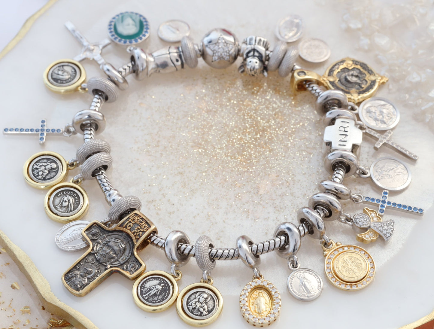 Saint Benedict sterling silver Pandora fit charm, Saint Benedict Pandora pendant, Catholic charm for silver bracelet, cross bracelet charm