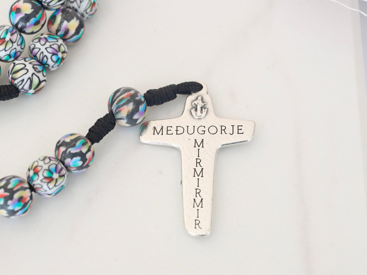 Black fimo rosary beads, fimo clay rosary beds with flowers, Medjugorje rosary whith flowers, had made rosary necklace from Medjugorje,
