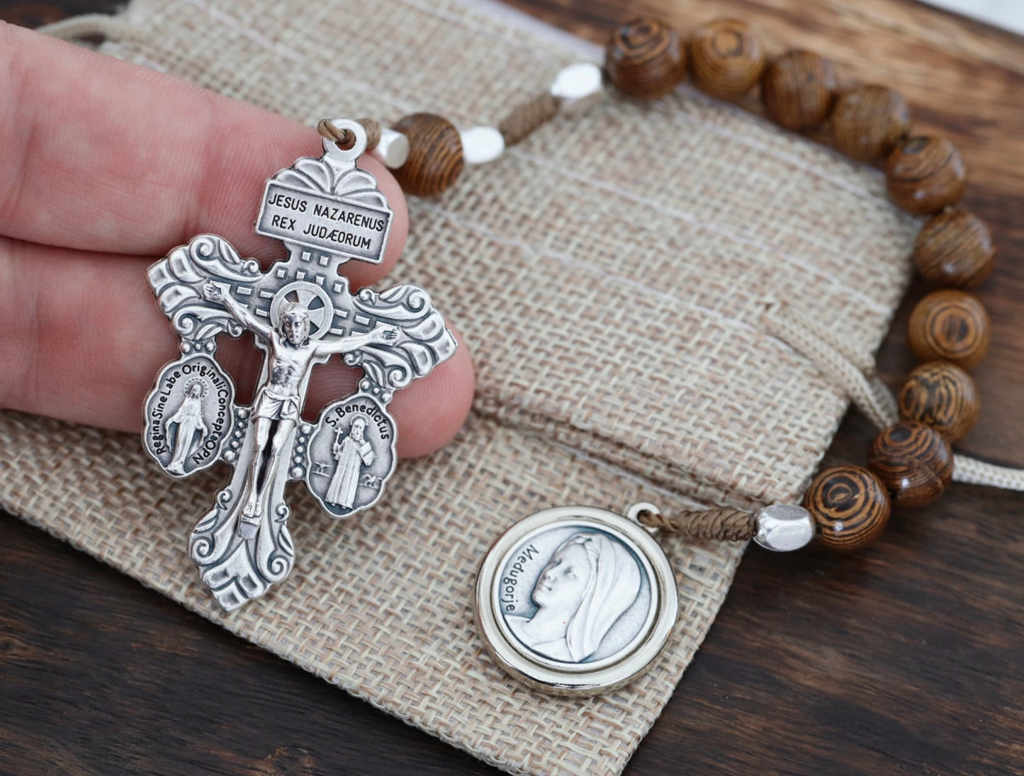 Wooden one decade rosary, pardon crucifix rosary,pocket rosary for man,miraculous medal rosary,dainty rosary, st Benedict one decade rosary