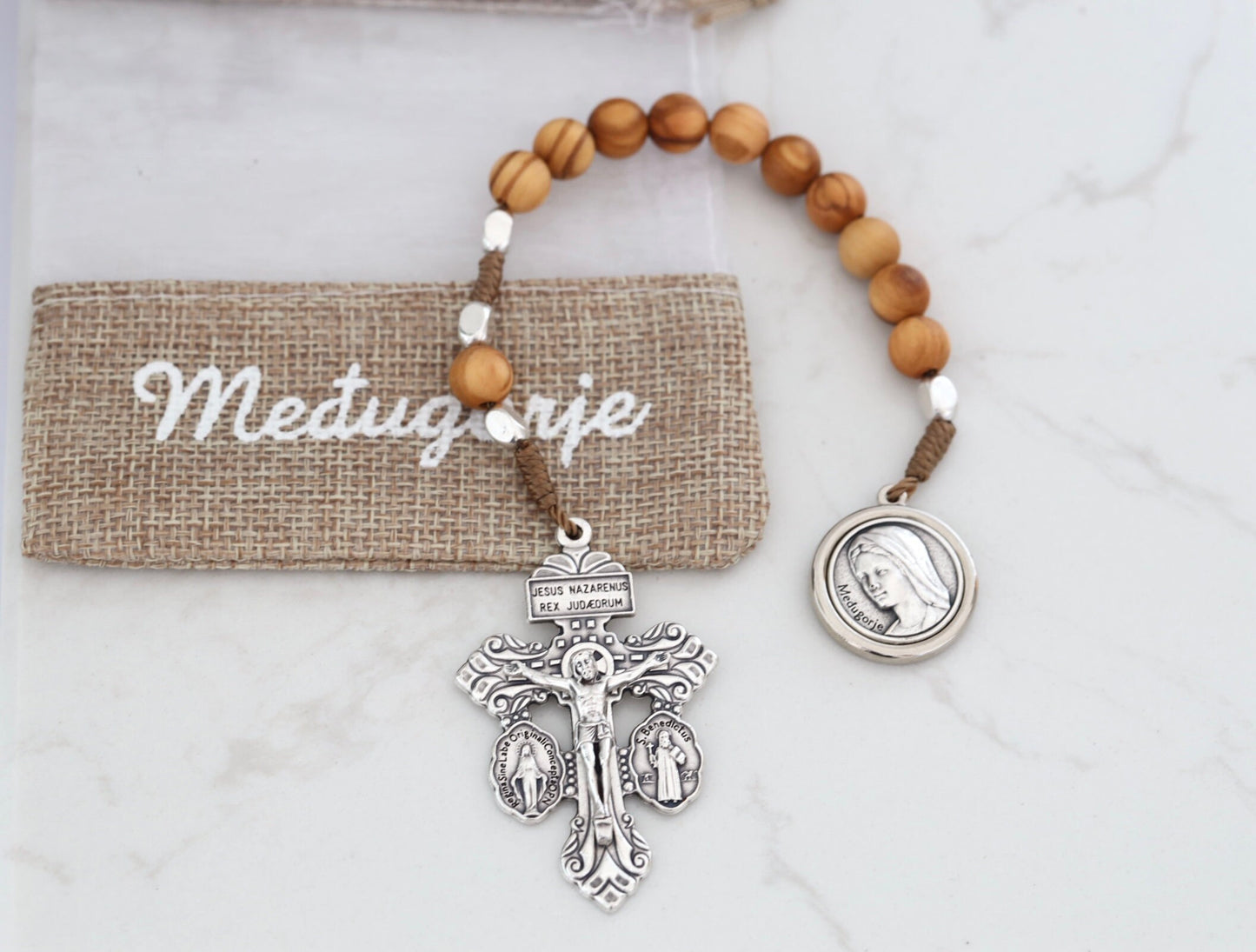 Rosario cruzado de perdón, cuentas de rosario de una década, cuentas de rosario de una década de San Benito, cuentas de rosario de madera de Medjugorje, rosario de bolsillo