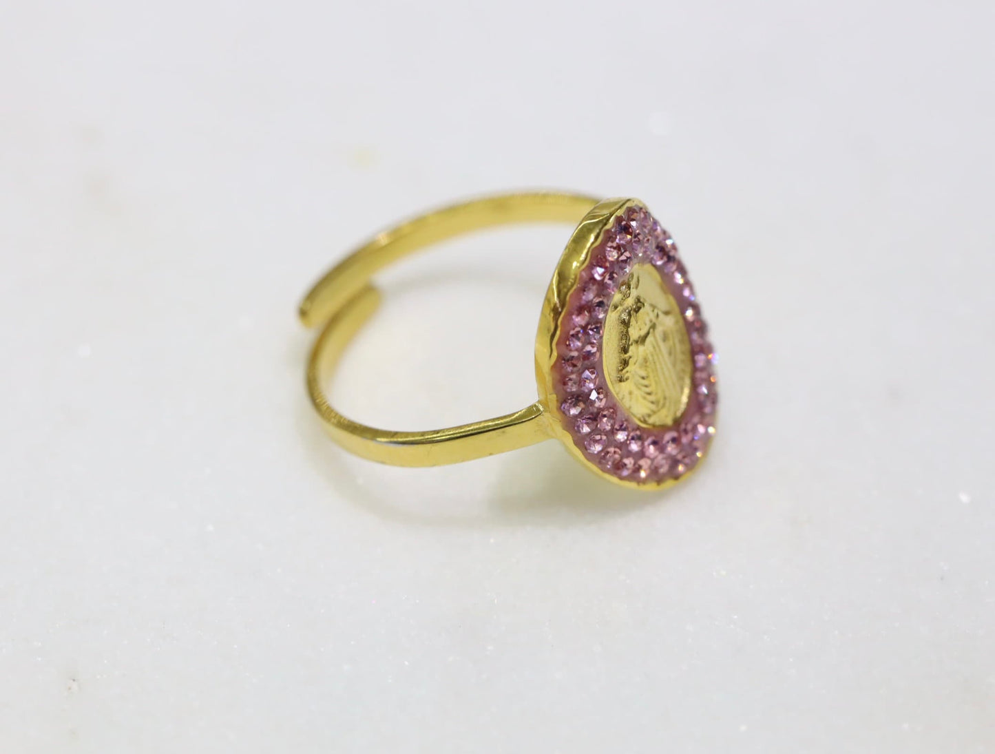 Anillo de acero inoxidable relleno de oro Nuestra Señora de Gracia, anillo de tamaño ajustable con la Virgen María, anillo de oro Medalla Milagrosa con circonio cúbico