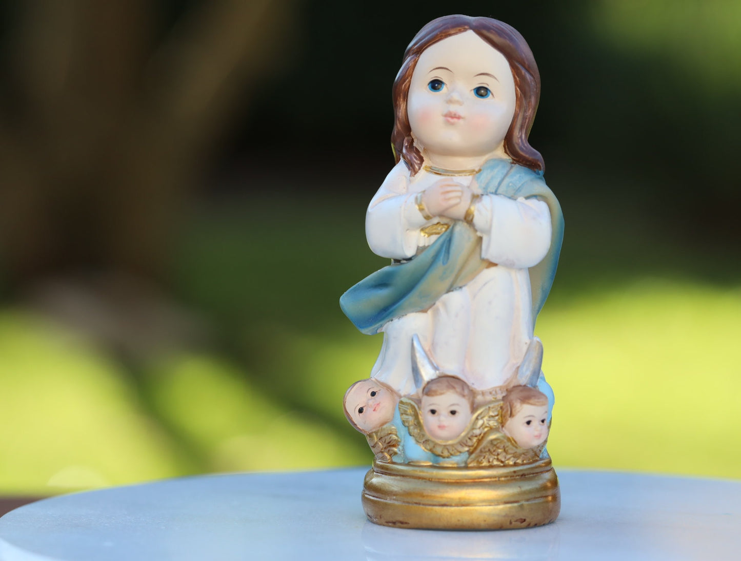 Assumption of Our Lady statue, Miniature statue of Virgin Mary Assumption to heaven, Medjugorje miniature baby collection statue in resin