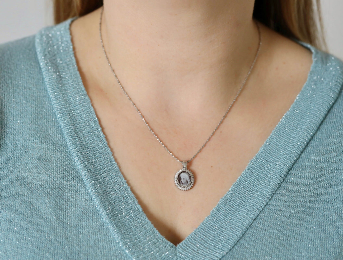 Medjugorje cameo medal, sterling silver 925, Queen of Peace charm, Virgin Mary necklace with stones, cubic zirconium miniature pendant