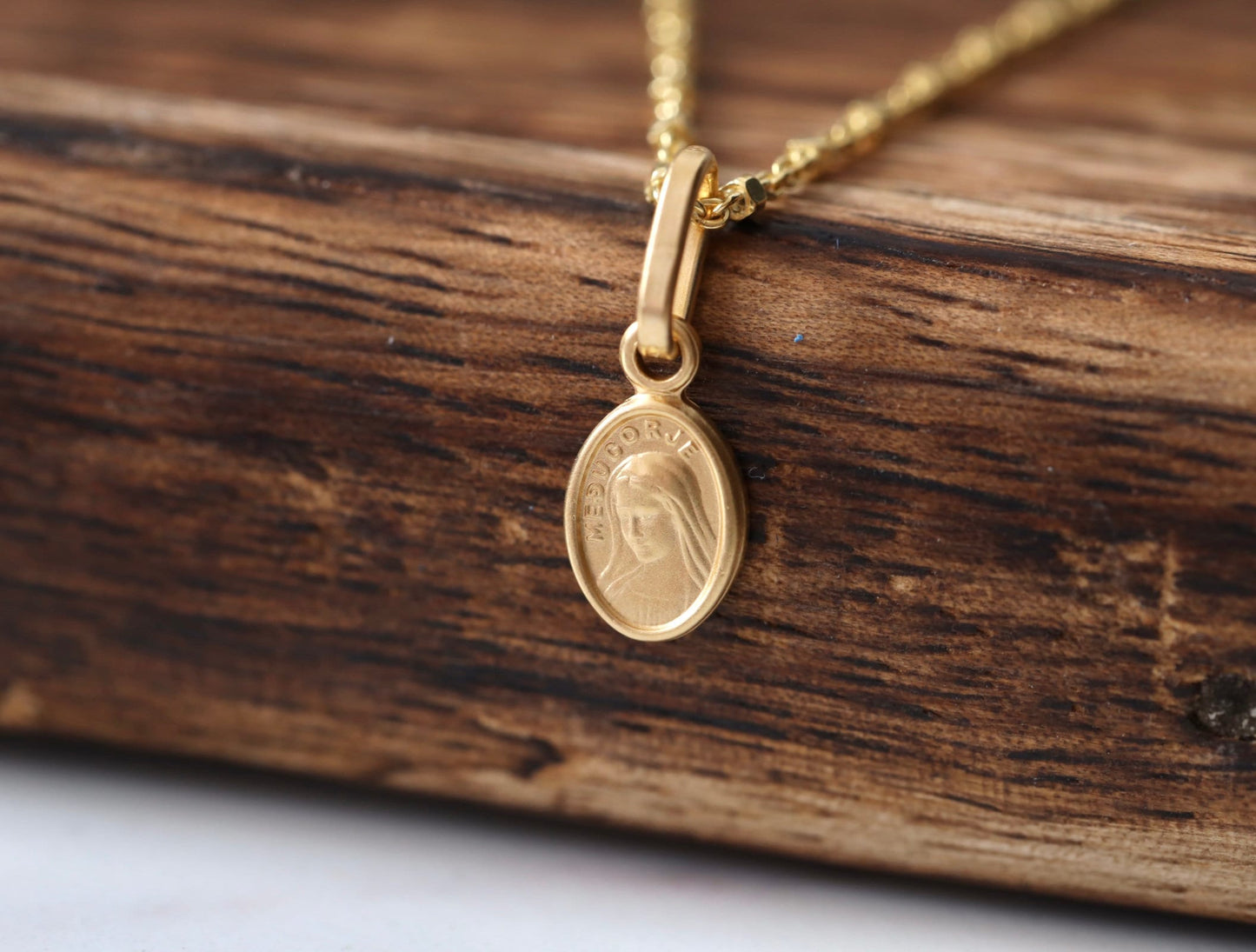 Miniature Medjugorje gold plated sterling silver medal necklace,necklace pendant with dainty medal of Our Lady of Medjugorje, Queen of Peace