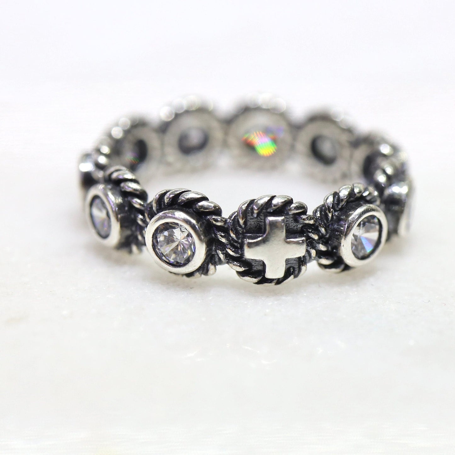 Anillo rosario de plata de primera ley, anillo rosario con circonitas, anillo rosario de plata de primera ley estilo vintage, anillo rosario Medjugorje, anillo estilo vintage