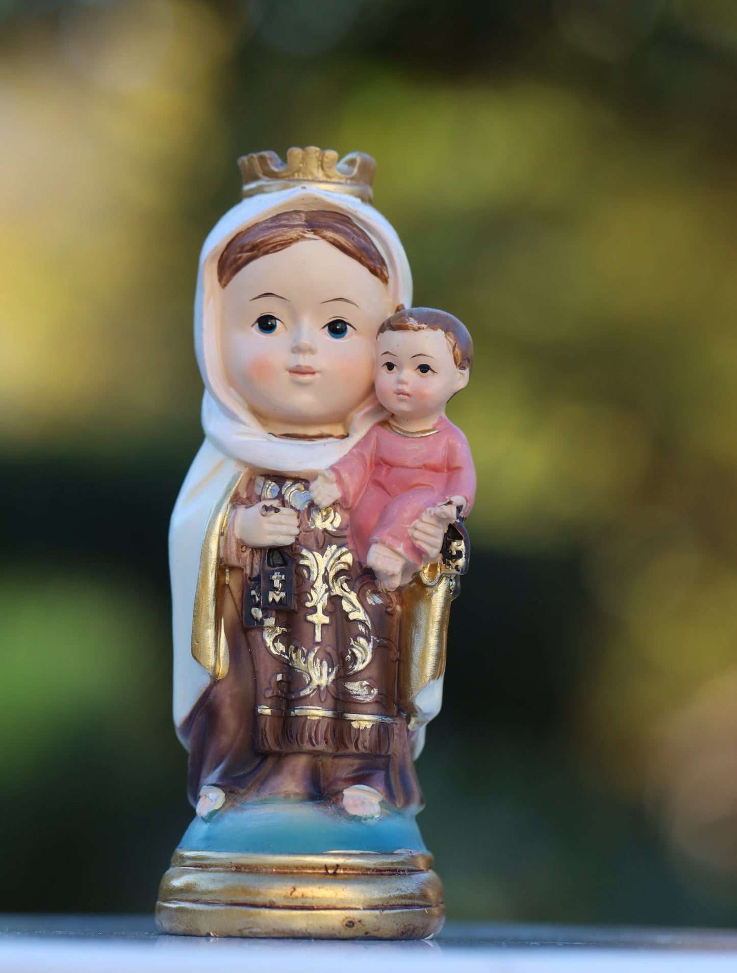 Estatua en miniatura de Nuestra Señora del Monte Carmelo, estatua de la colección de bebés del Monte Carmelo, estatua del escapulario marrón de Nuestra Señora, estatua del santo católico
