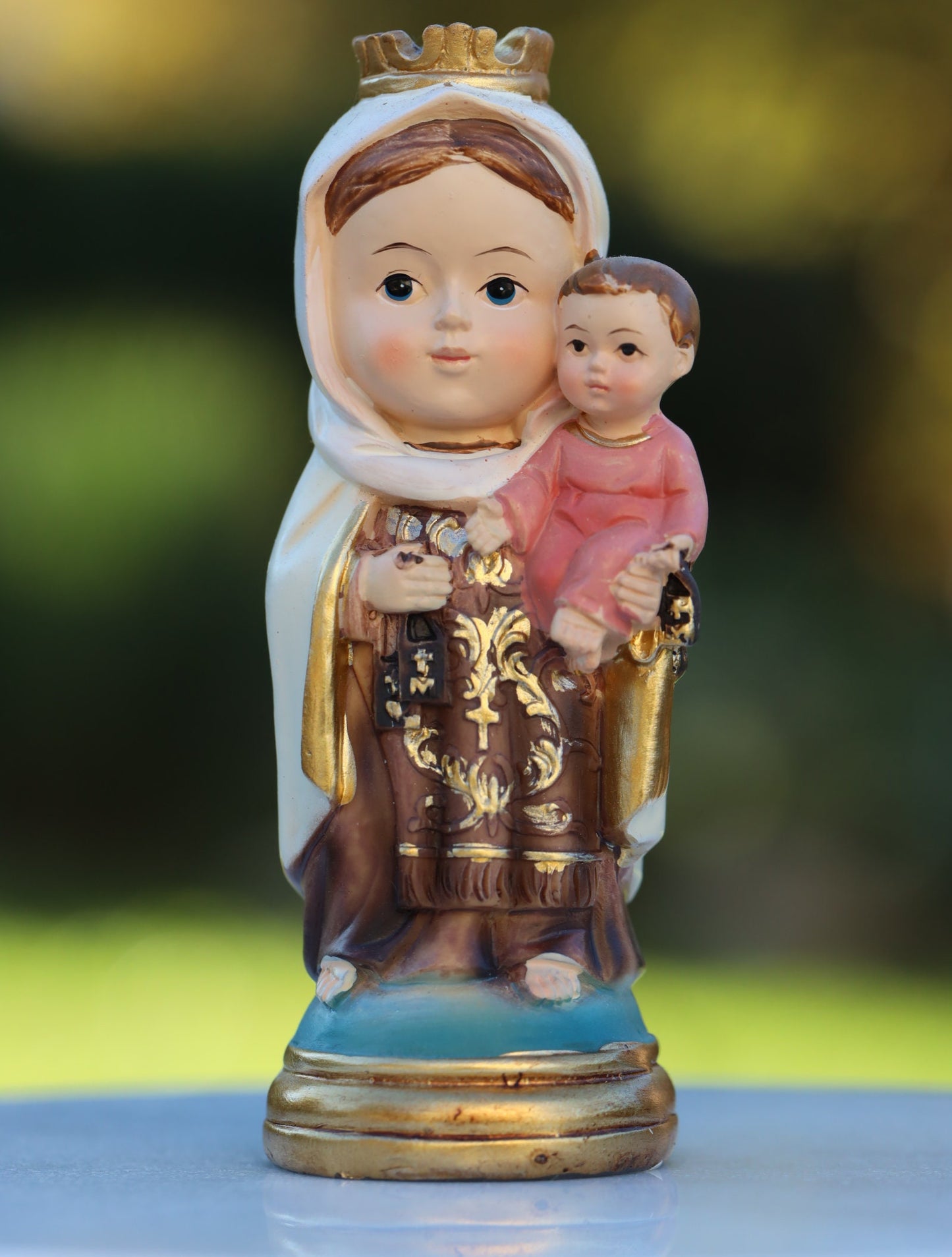 Estatua en miniatura de Nuestra Señora del Monte Carmelo, estatua de la colección de bebés del Monte Carmelo, estatua del escapulario marrón de Nuestra Señora, estatua del santo católico