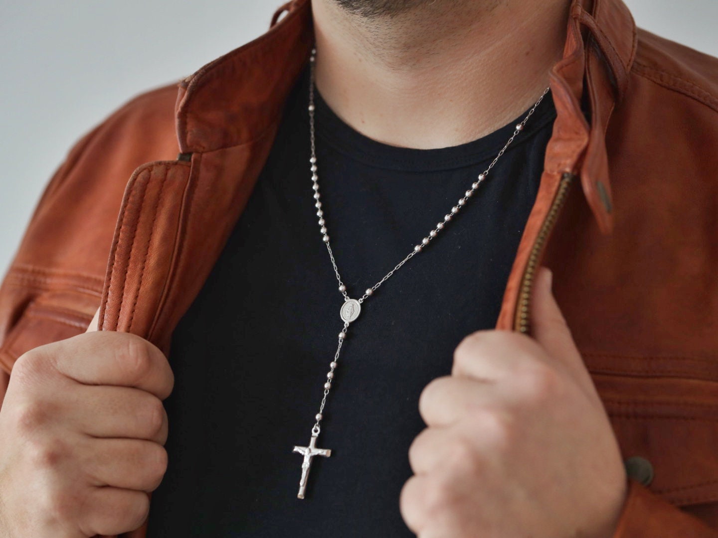 Collar de cuentas de rosario de plata de ley 925 para hombre, rosario de collar de Medalla Milagrosa, collar de rosario sin deslustre con Nuestra Señora de Gracia