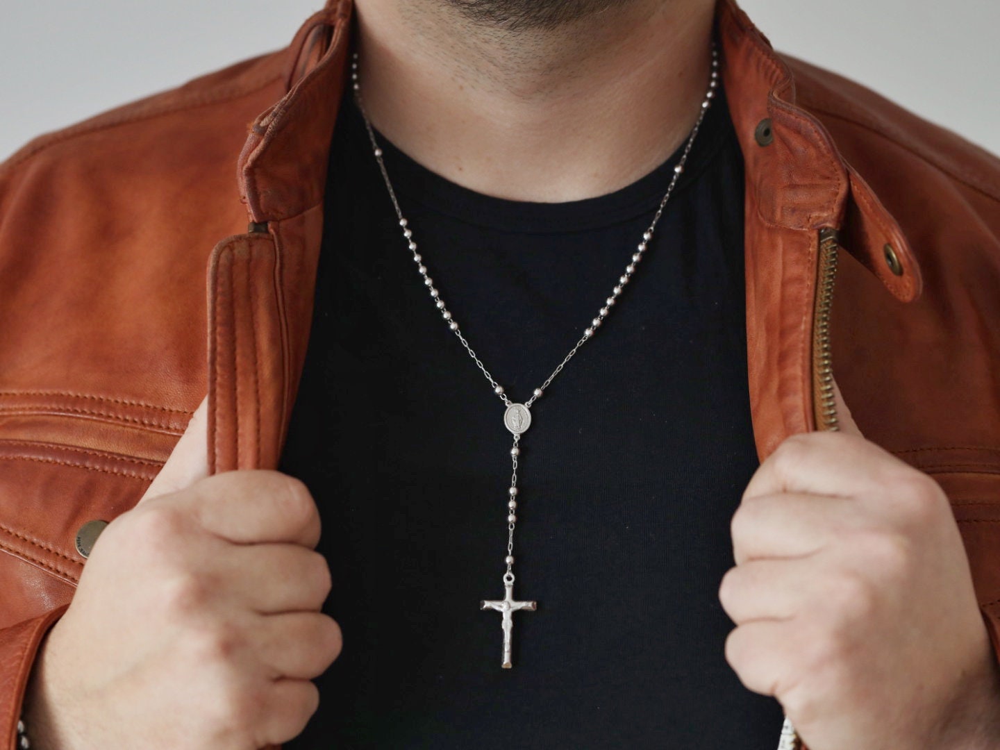 Collar de cuentas de rosario de plata de ley 925 para hombre, rosario de collar de Medalla Milagrosa, collar de rosario sin deslustre con Nuestra Señora de Gracia