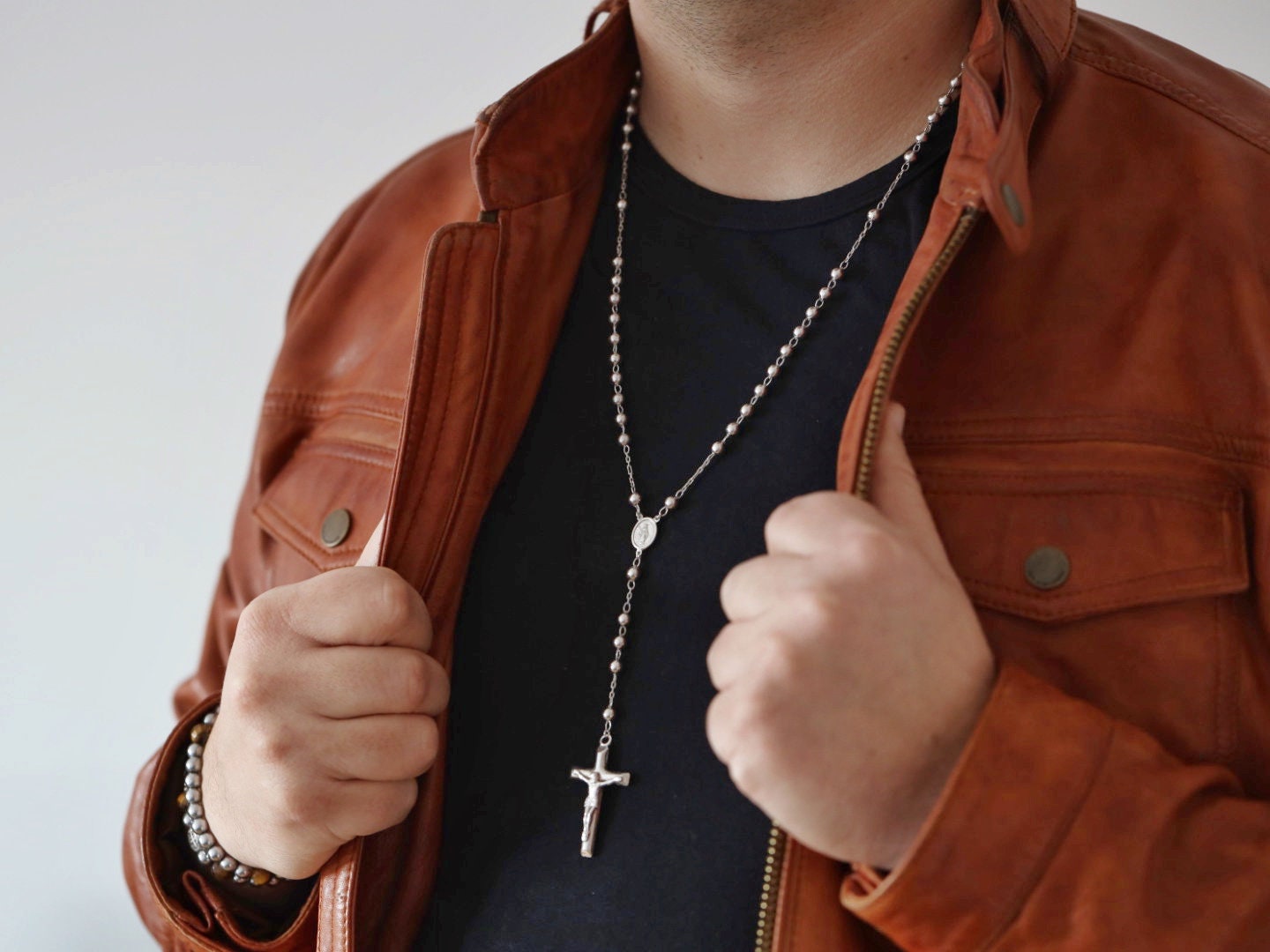 Collar de rosario de plata de ley 925 para hombre, cuentas de rosario católico, Rosario con Medalla Milagrosa para hombre, cuentas de oración de rosario de 25 pulgadas