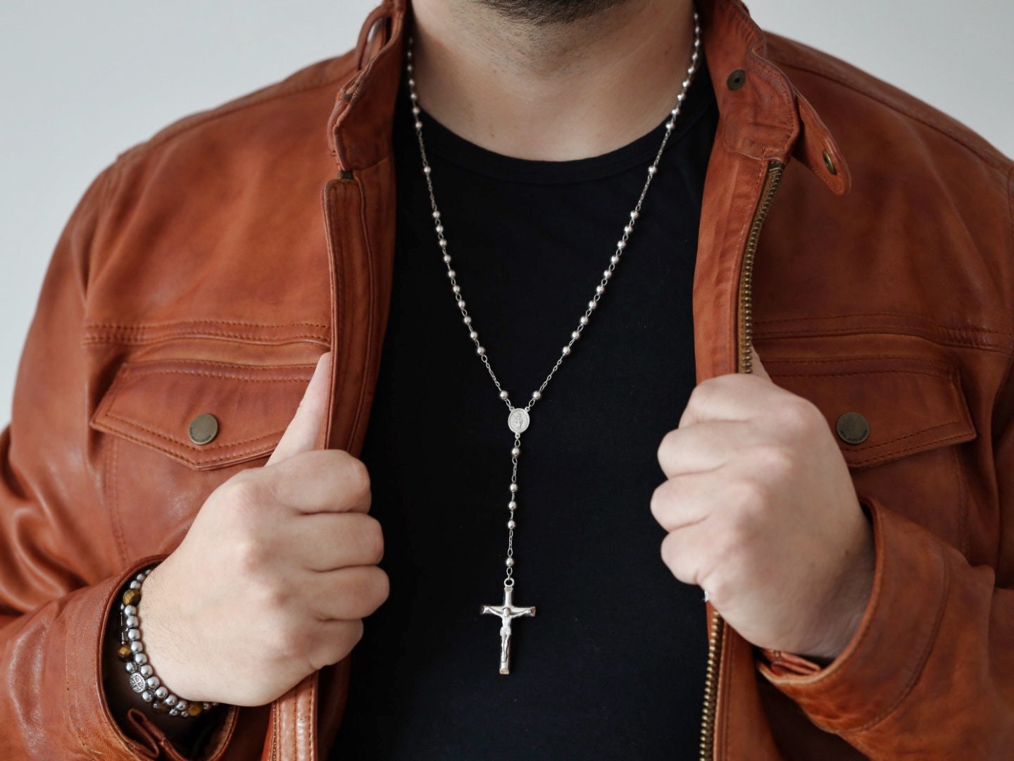 Collar de rosario de plata de ley 925 para hombre, cuentas de rosario católico, Rosario con Medalla Milagrosa para hombre, cuentas de oración de rosario de 25 pulgadas